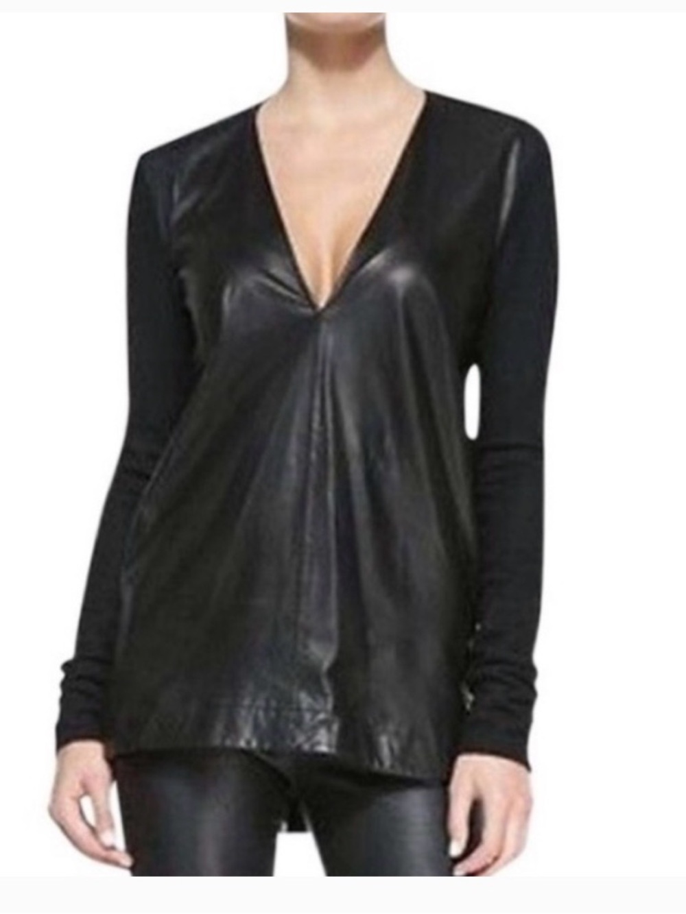 Helmut Lang v-neck Tunic Leather & Wool Black size L Woman’s